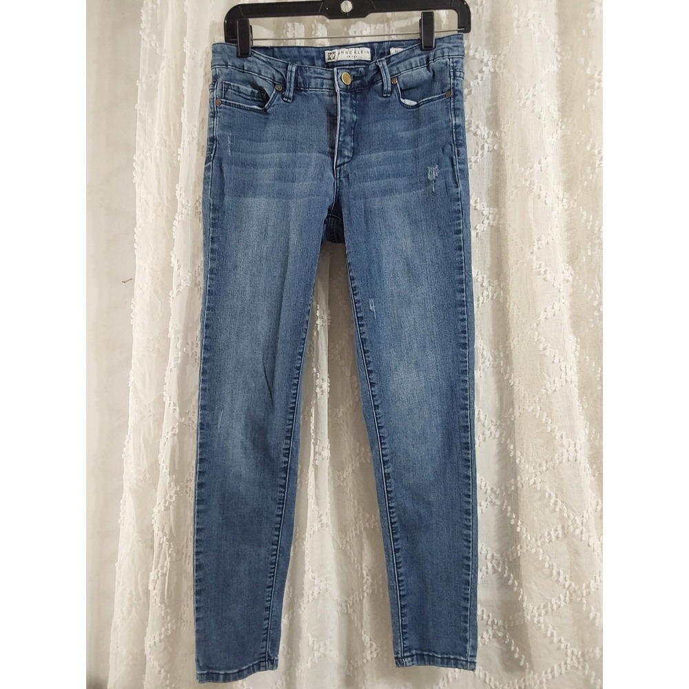 Anne Klein Jeans Womens Skinny Ankle Medium Wash Distressed Denim Blue Jeans
